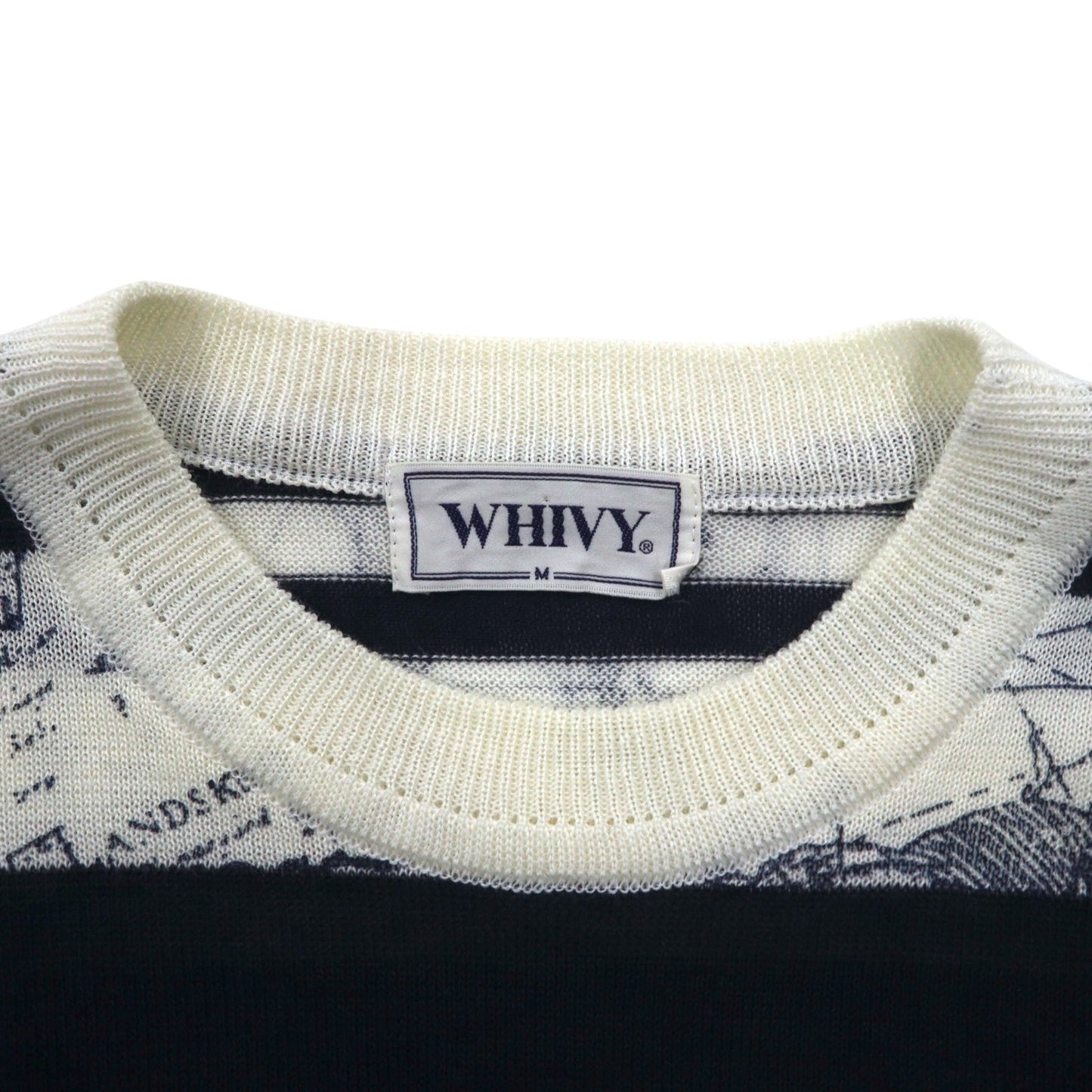 Vintage 90s Retro Striped Sweater WHIVY リネンニット セーター M ホワイト ボーダー 総柄 麻