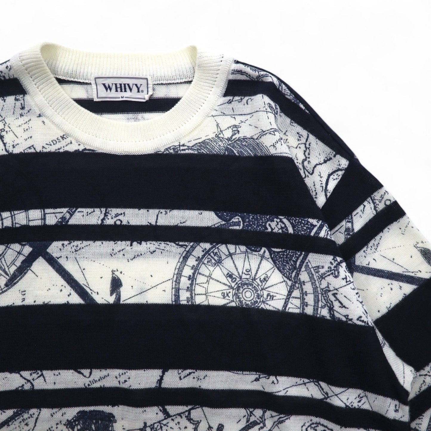 Vintage 90s Retro Striped Sweater WHIVY リネンニット セーター M ホワイト ボーダー 総柄 麻