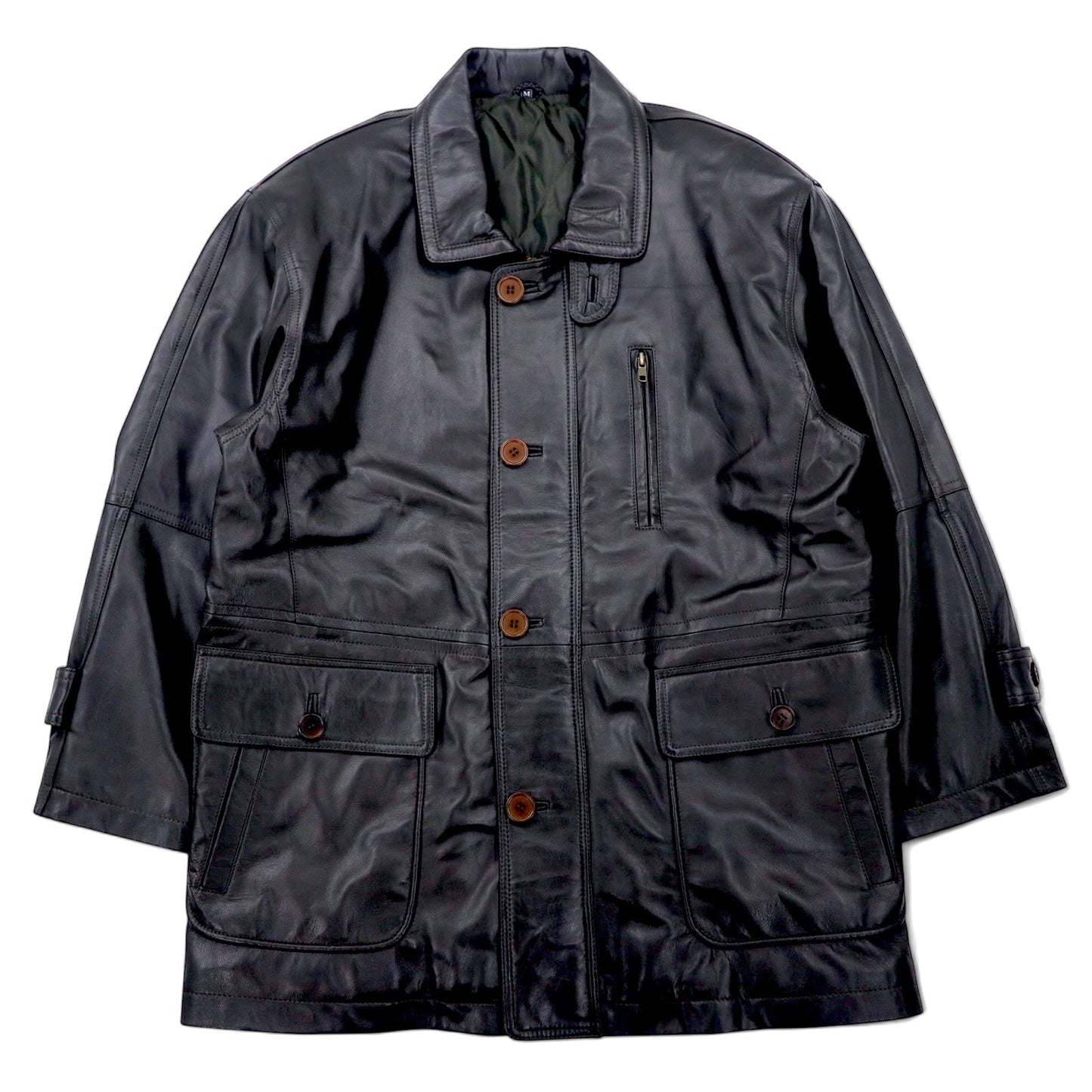 VINTAGE LEATHER COAT 90年代 ラムレザー カーコート M ブラウン 羊革 キルティングライナー ドローコード