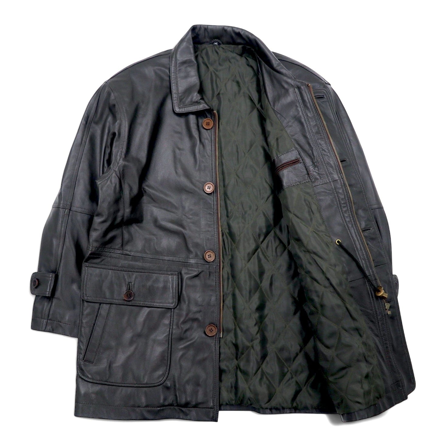 VINTAGE LEATHER COAT 90年代 ラムレザー カーコート M ブラウン 羊革 キルティングライナー ドローコード