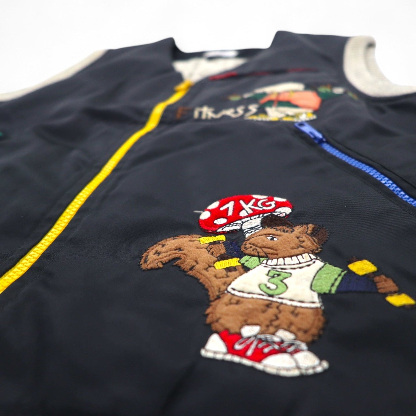 カステルバジャック スポーツ イタリア製 90年代 異素材切り替え フルジップベスト M ブラック キャラクター刺繍