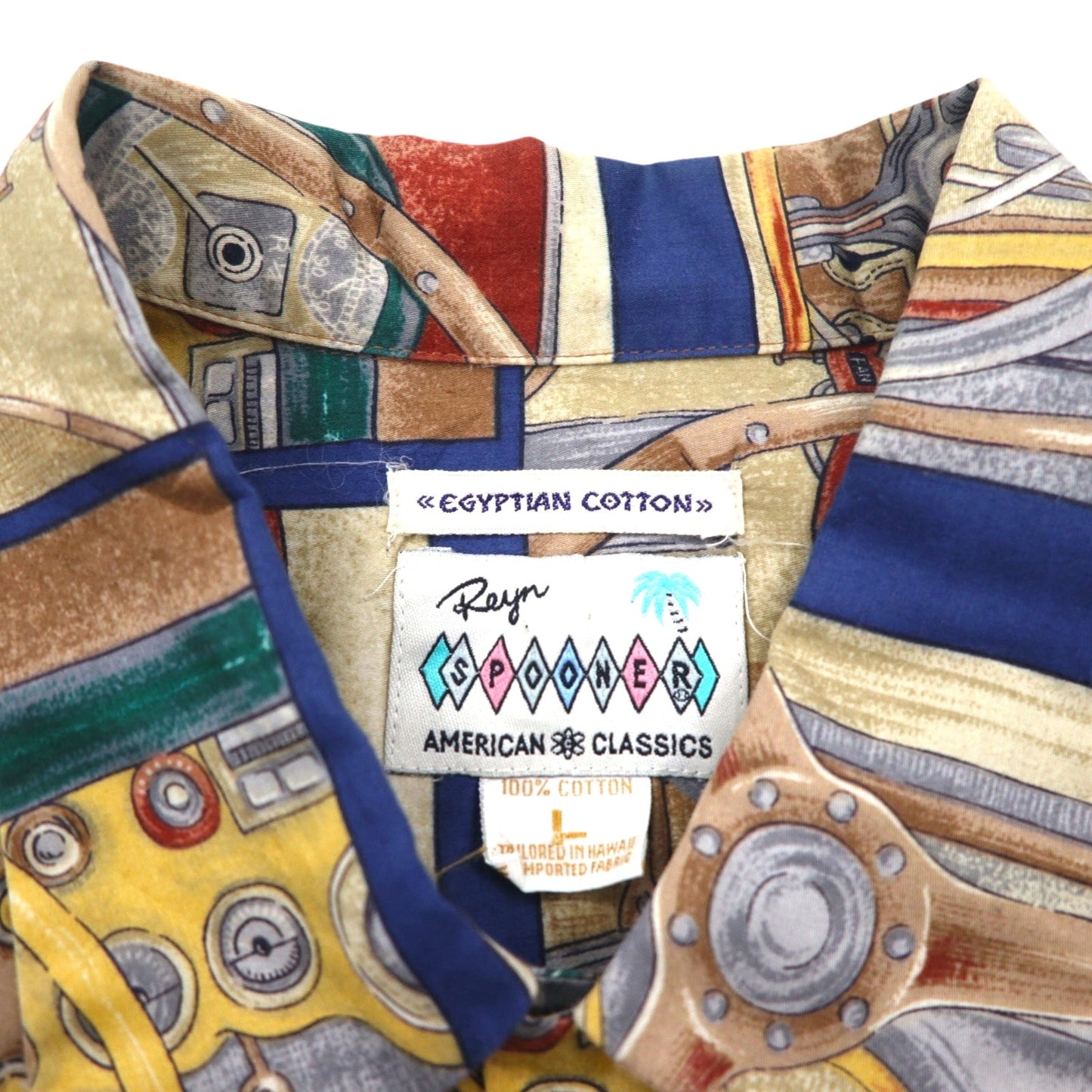 Rayn SPOONER 80年代 ハワイ製 ダイヤモンドヘッドタグ AMERICAN CLASSICS アロハシャツ L ネイビー EGYPTIAN COTTON