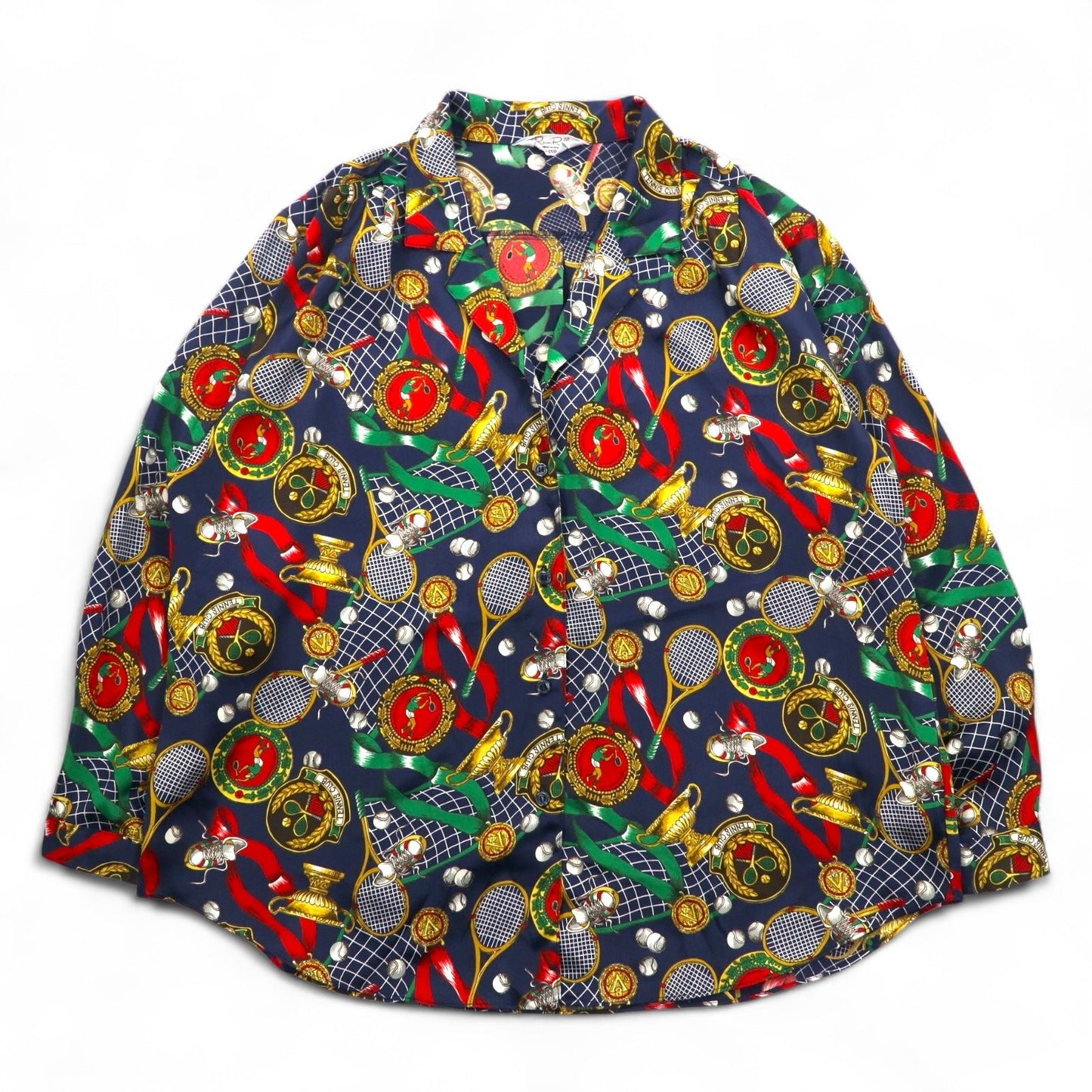 Vintage 90s Japan Made Open Collar Retro Shirt Ram Roll スカーフ柄 オープンカラーシャツ ポリシャツ XL ネイビー レトロ