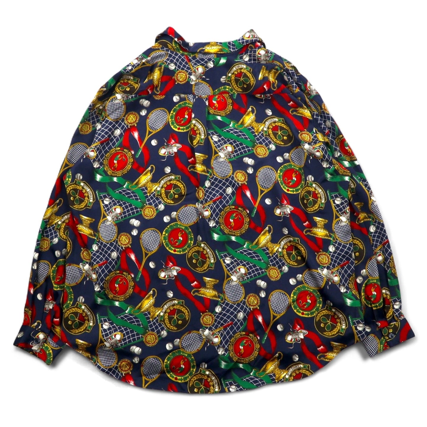 Vintage 90s Japan Made Open Collar Retro Shirt Ram Roll スカーフ柄 オープンカラーシャツ ポリシャツ XL ネイビー レトロ