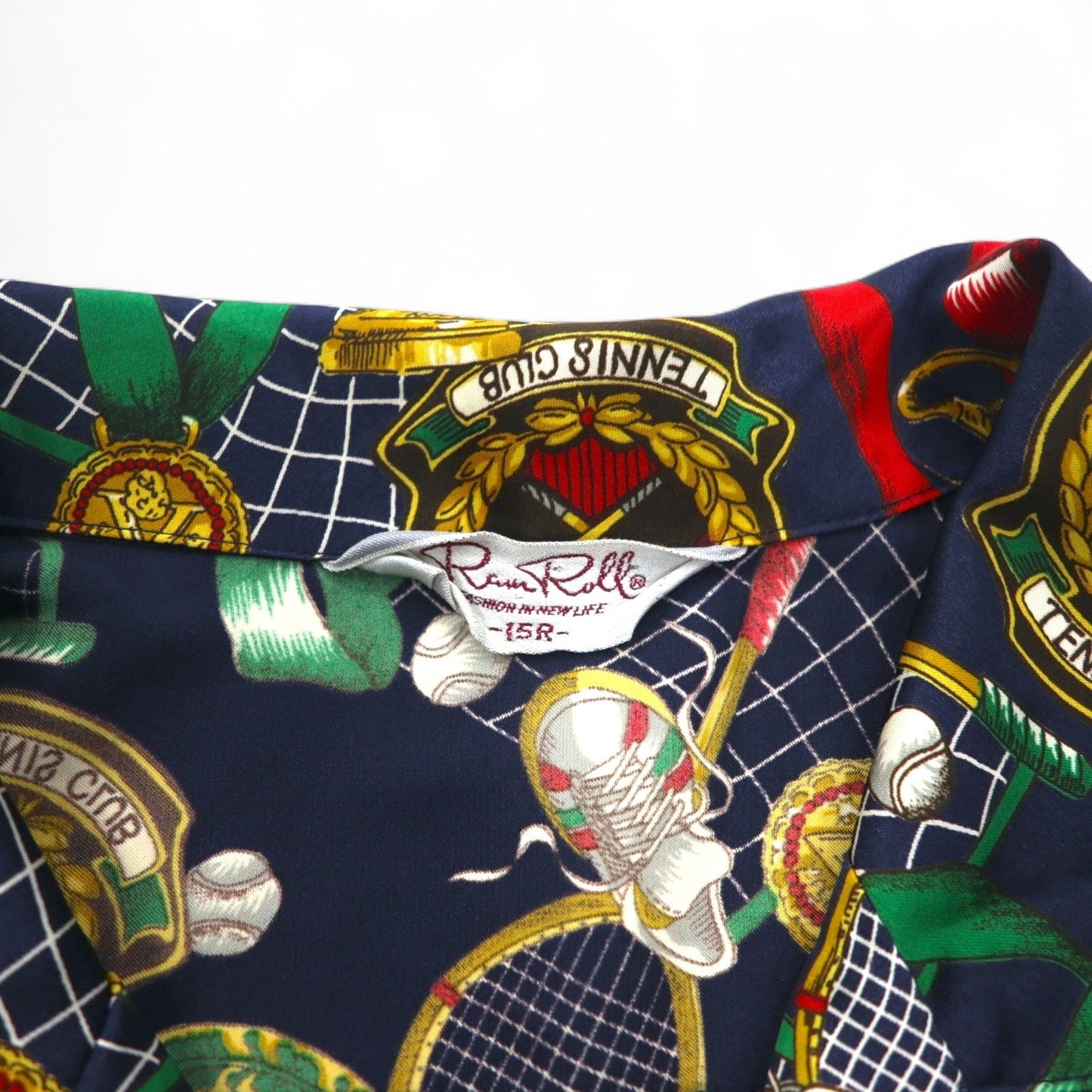 Vintage 90s Japan Made Open Collar Retro Shirt Ram Roll スカーフ柄 オープンカラーシャツ ポリシャツ XL ネイビー レトロ