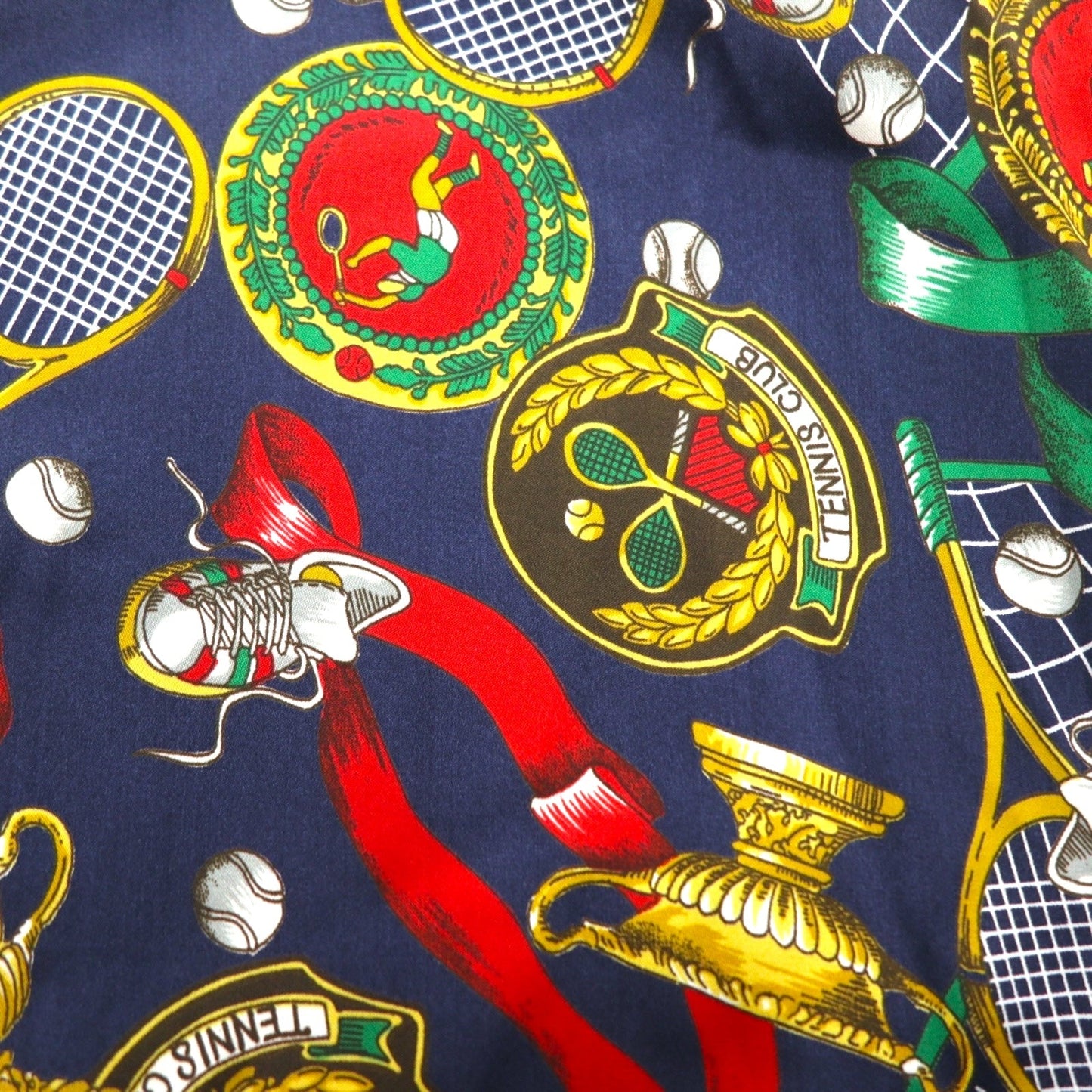 Vintage 90s Japan Made Open Collar Retro Shirt Ram Roll スカーフ柄 オープンカラーシャツ ポリシャツ XL ネイビー レトロ