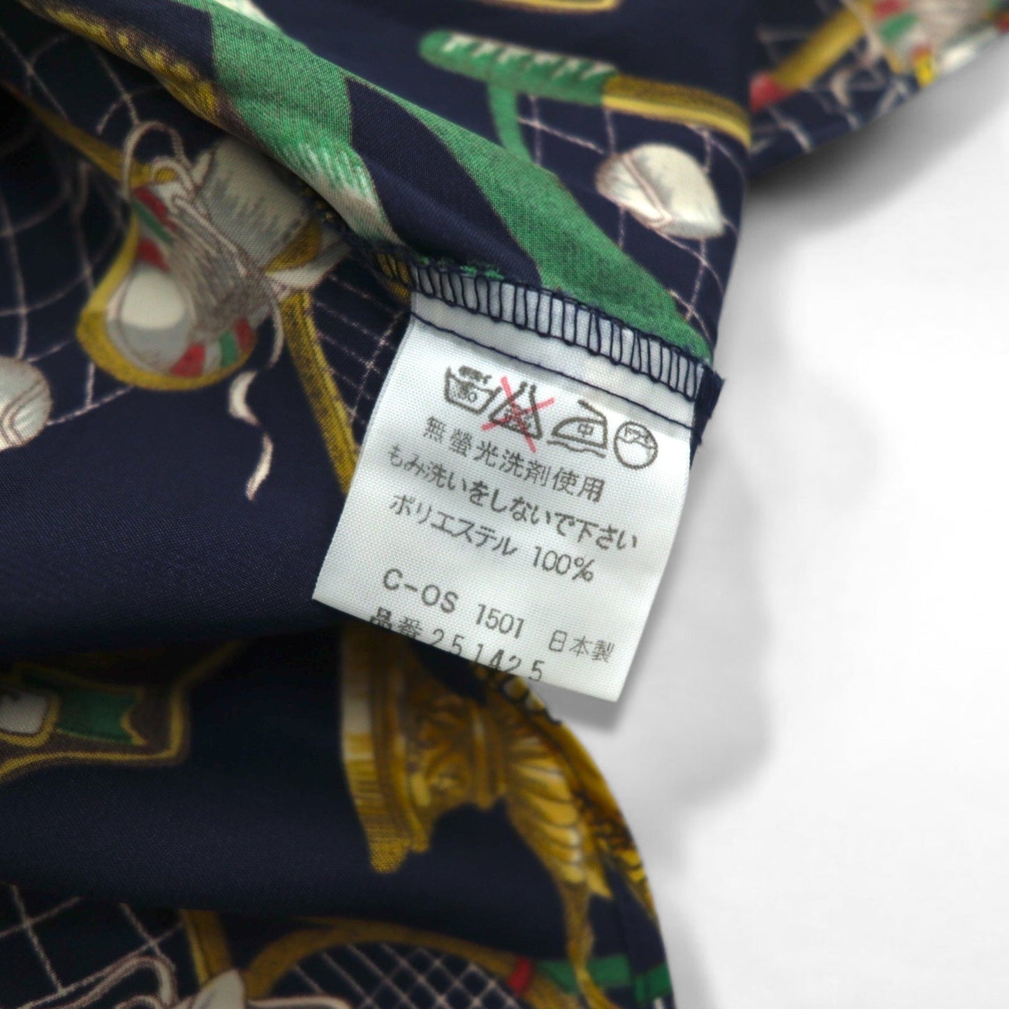 Vintage 90s Japan Made Open Collar Retro Shirt Ram Roll スカーフ柄 オープンカラーシャツ ポリシャツ XL ネイビー レトロ