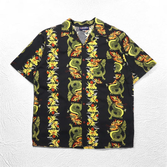 USA製 90年代 LATITUDE 32 オープンカラー アロハシャツ 開襟 3XL ビッグサイズ ブラック 総柄 龍 ハイビスカス