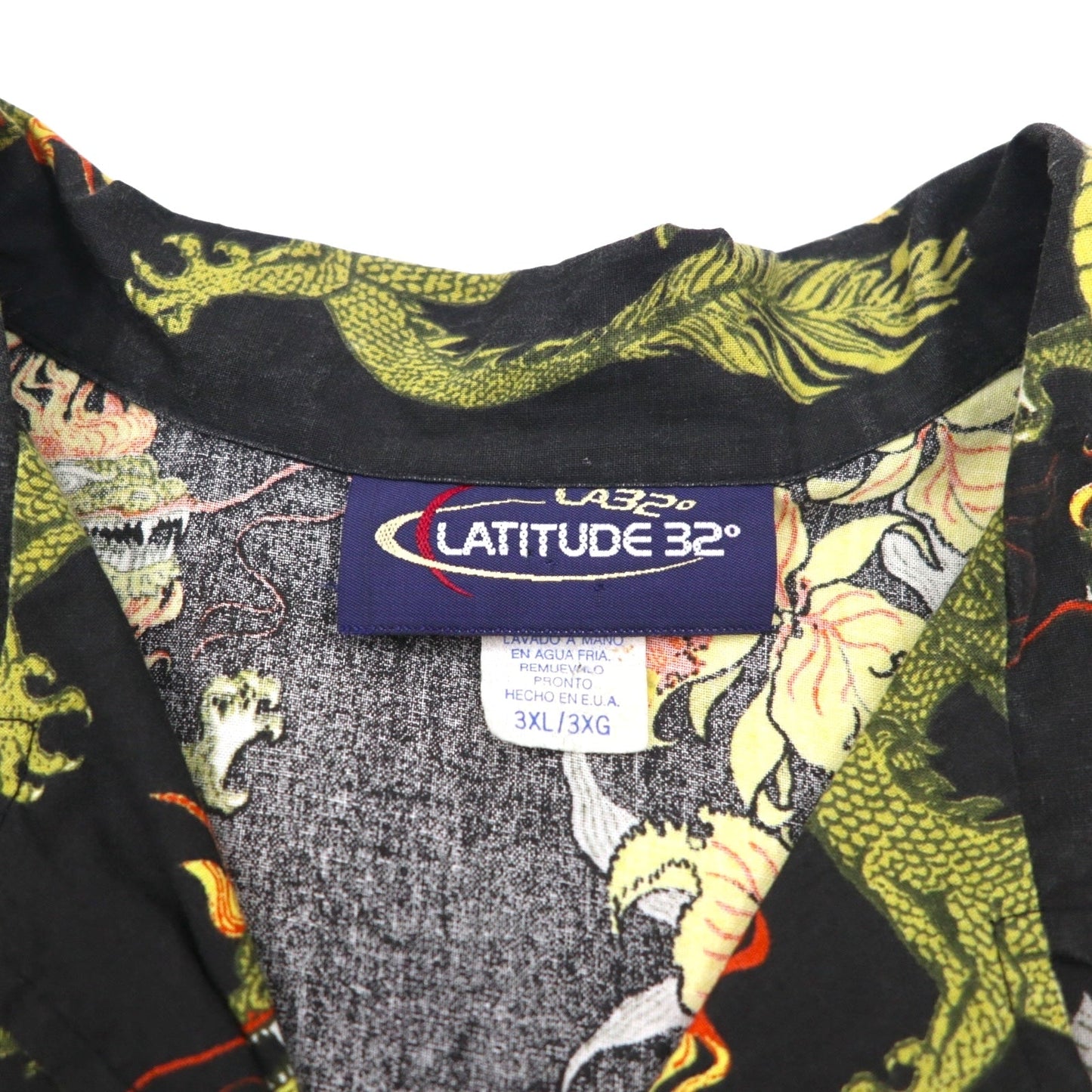 USA製 90年代 LATITUDE 32 オープンカラー アロハシャツ 開襟 3XL ビッグサイズ ブラック 総柄 龍 ハイビスカス