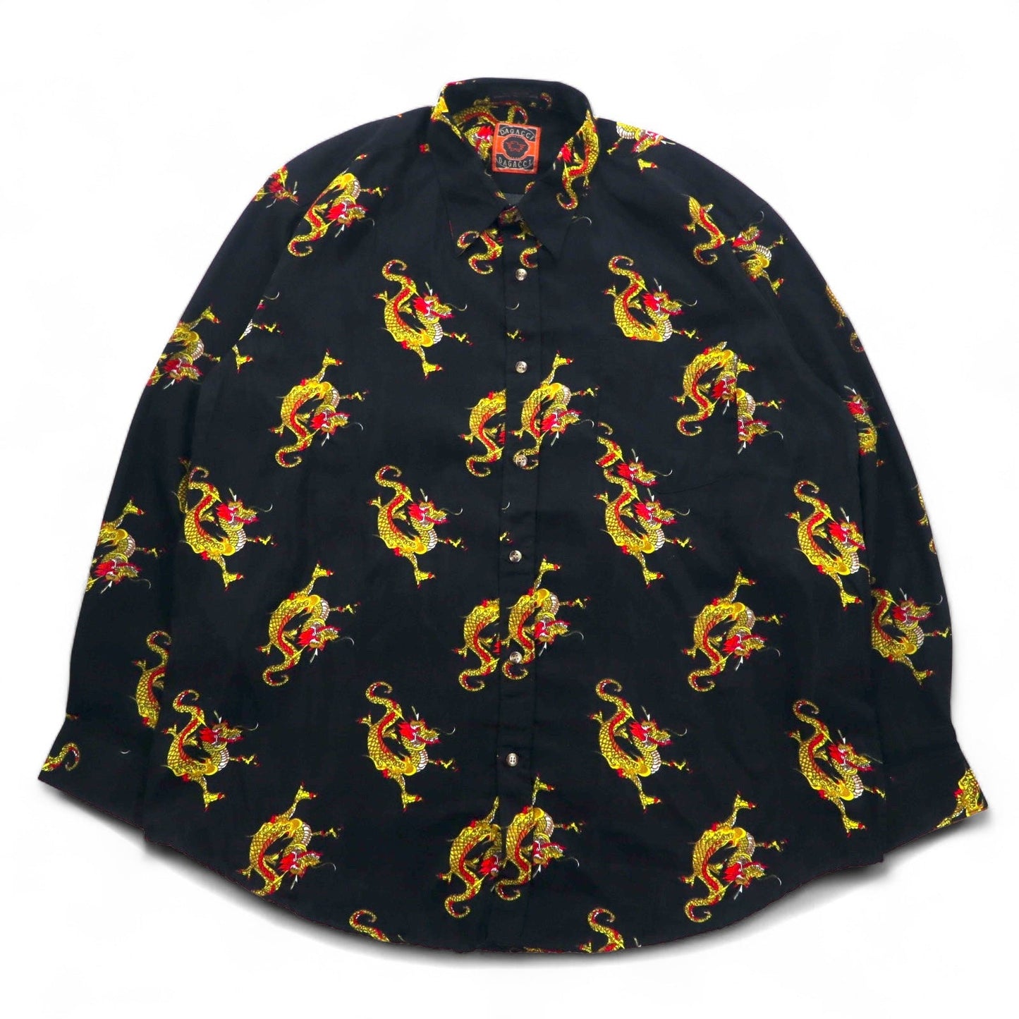 Vintage 90s China Dragon Patterned Shirt DAGACCI ポリシャツ XL ブラック 総柄 龍