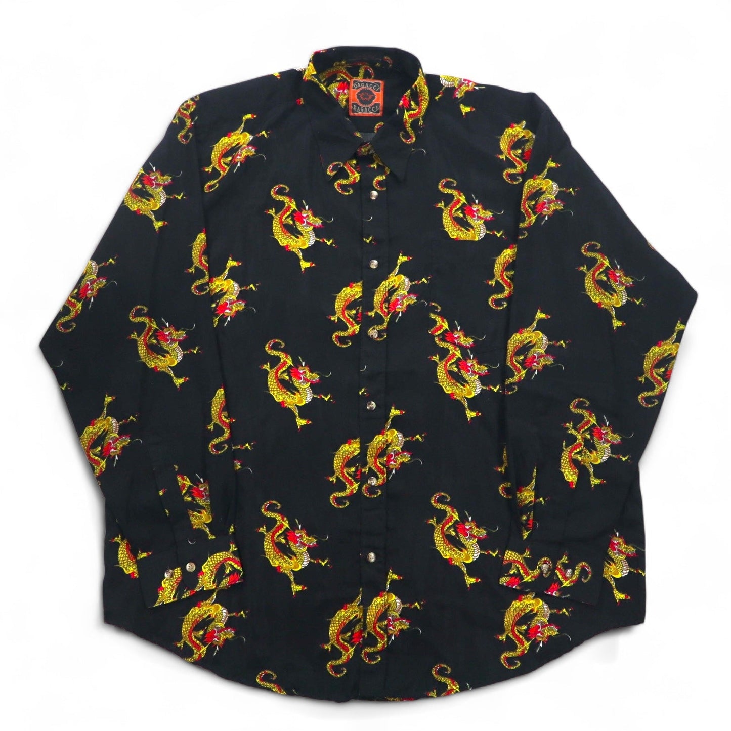Vintage 90s China Dragon Patterned Shirt DAGACCI ポリシャツ XL ブラック 総柄 龍