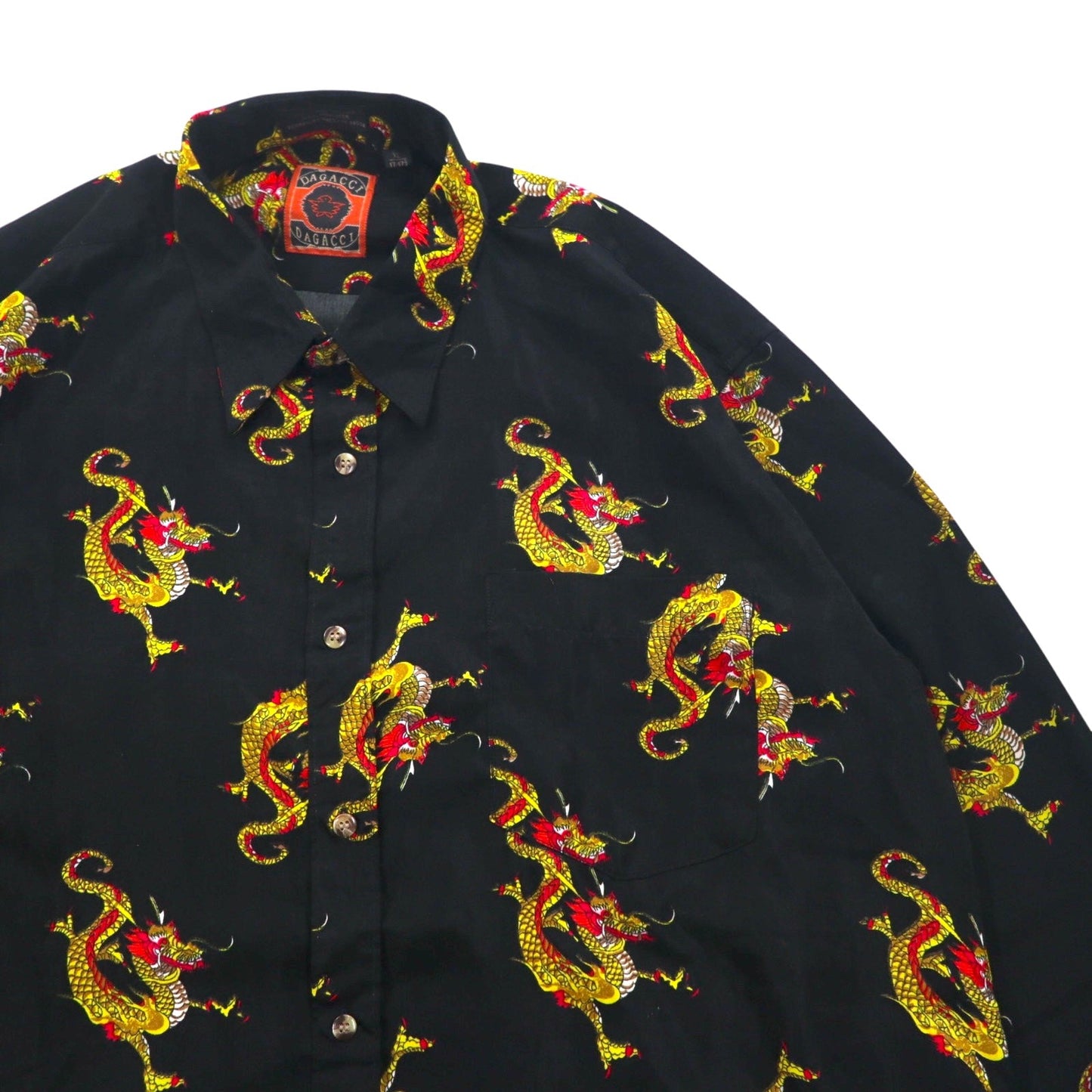 Vintage 90s China Dragon Patterned Shirt DAGACCI ポリシャツ XL ブラック 総柄 龍