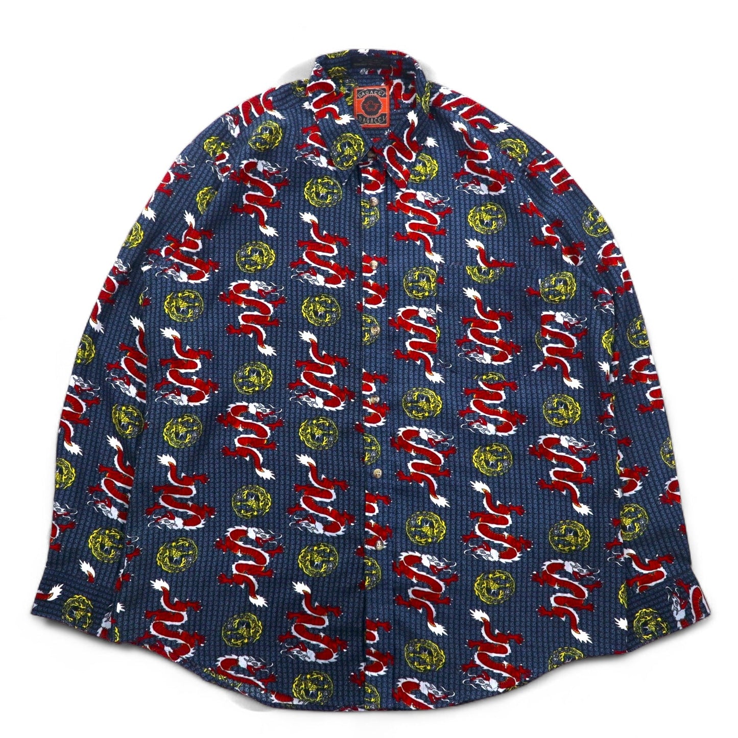 Vintage 90s China Dragon Patterned Shirt DAGACCI ポリシャツ L ブルー 総柄 龍