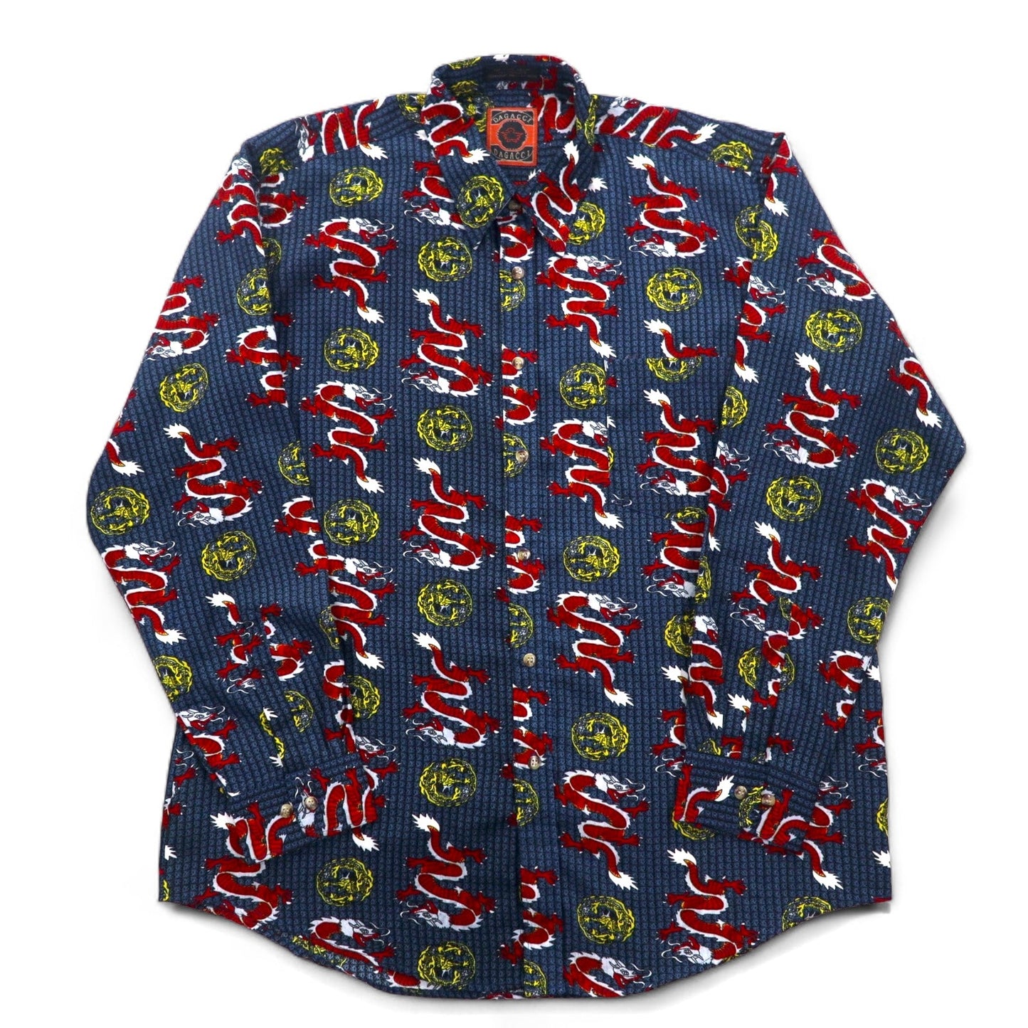 Vintage 90s China Dragon Patterned Shirt DAGACCI ポリシャツ L ブルー 総柄 龍