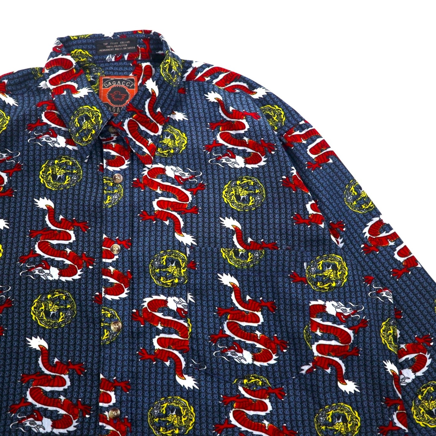 Vintage 90s China Dragon Patterned Shirt DAGACCI ポリシャツ L ブルー 総柄 龍