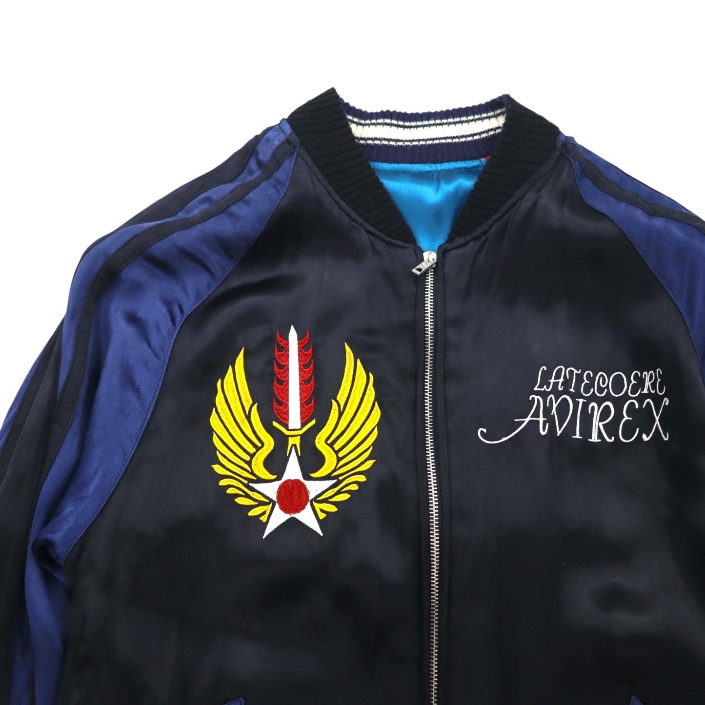 AVIREX リバーシブル サテン スカジャン スーベニアジャケット L ブラック ブルー レーヨン 刺繍 6112012