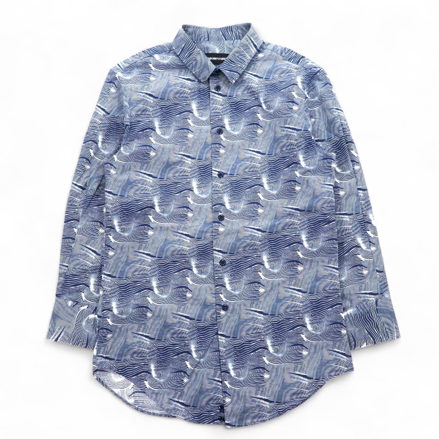 EMPORIO ARMANI 総柄 ドレスシャツ S ネイビー コットン チュニジア製