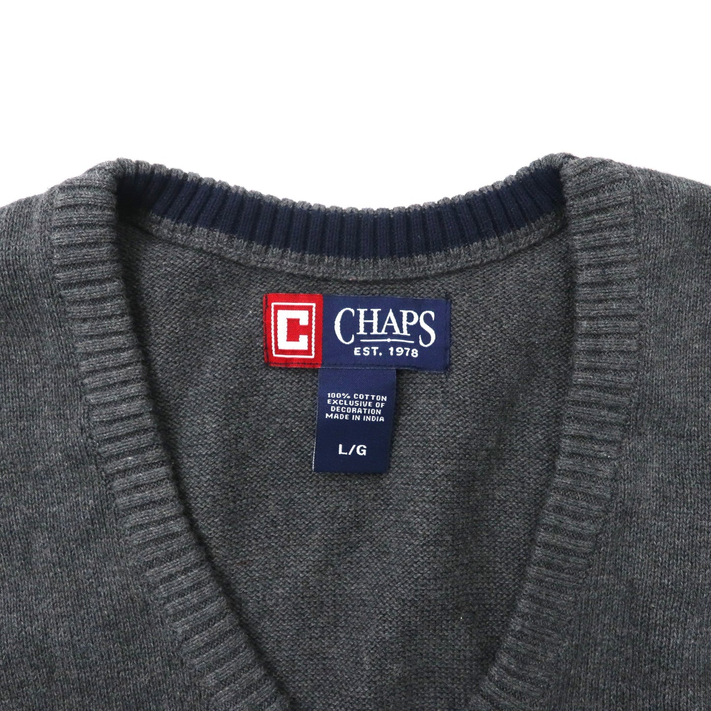CHAPS ビッグサイズ Vネックニット ベスト L グレー コットン ワンポイントロゴ刺繍