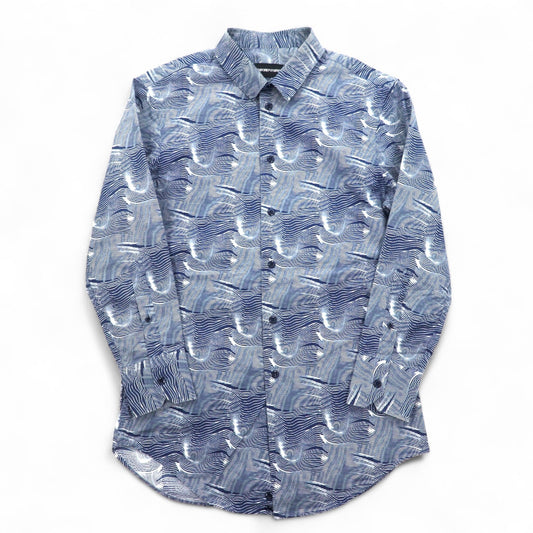 EMPORIO ARMANI 総柄 ドレスシャツ S ネイビー コットン チュニジア製