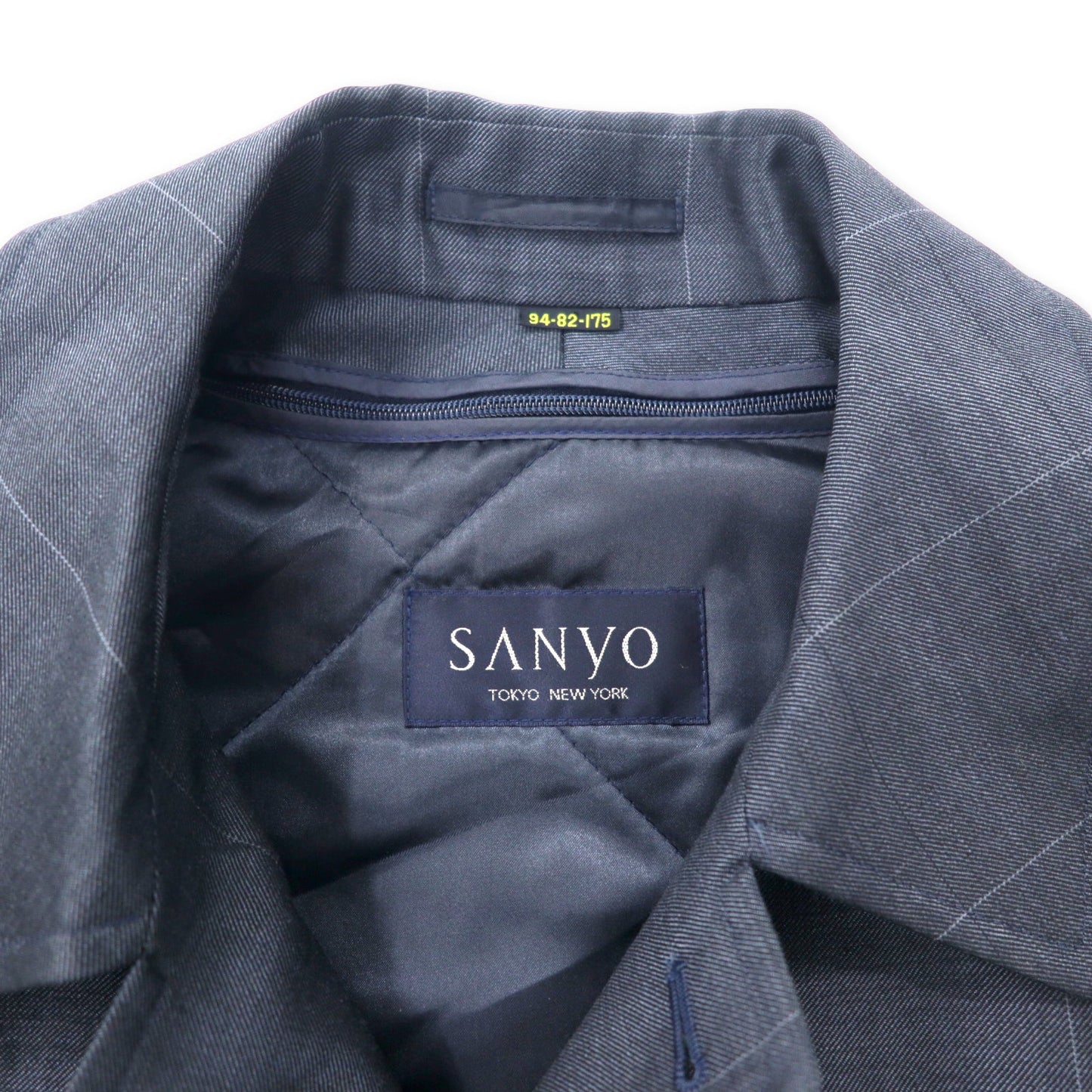 SANYO ステンカラーコート 94-82-175 ネイビー チェック ポリエステル ウール モヘア混 キルティングライナー着脱式 日本製