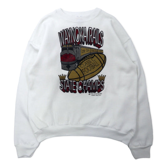 Hanes USA製 90年代 ACTIVE WEAR フットボール プリント スウェット L ホワイト コットン 裏起毛 両面プリント WAYNOKA RAILS