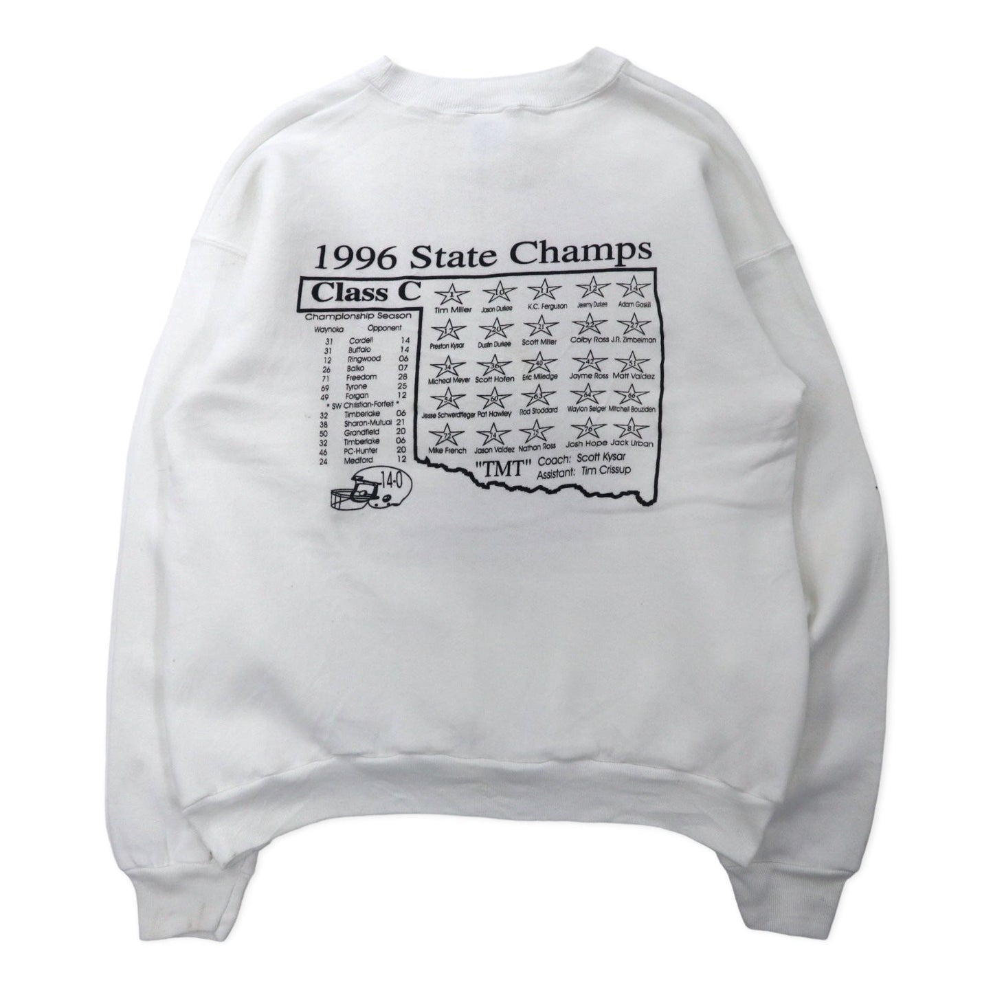 Hanes USA製 90年代 ACTIVE WEAR フットボール プリント スウェット L ホワイト コットン 裏起毛 両面プリント WAYNOKA RAILS