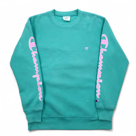 Champion リバースウィーブ REVERSE WEAVE スウェット M グリーン 裏起毛 青単タグ 復刻 袖プリント ホンジュラス製