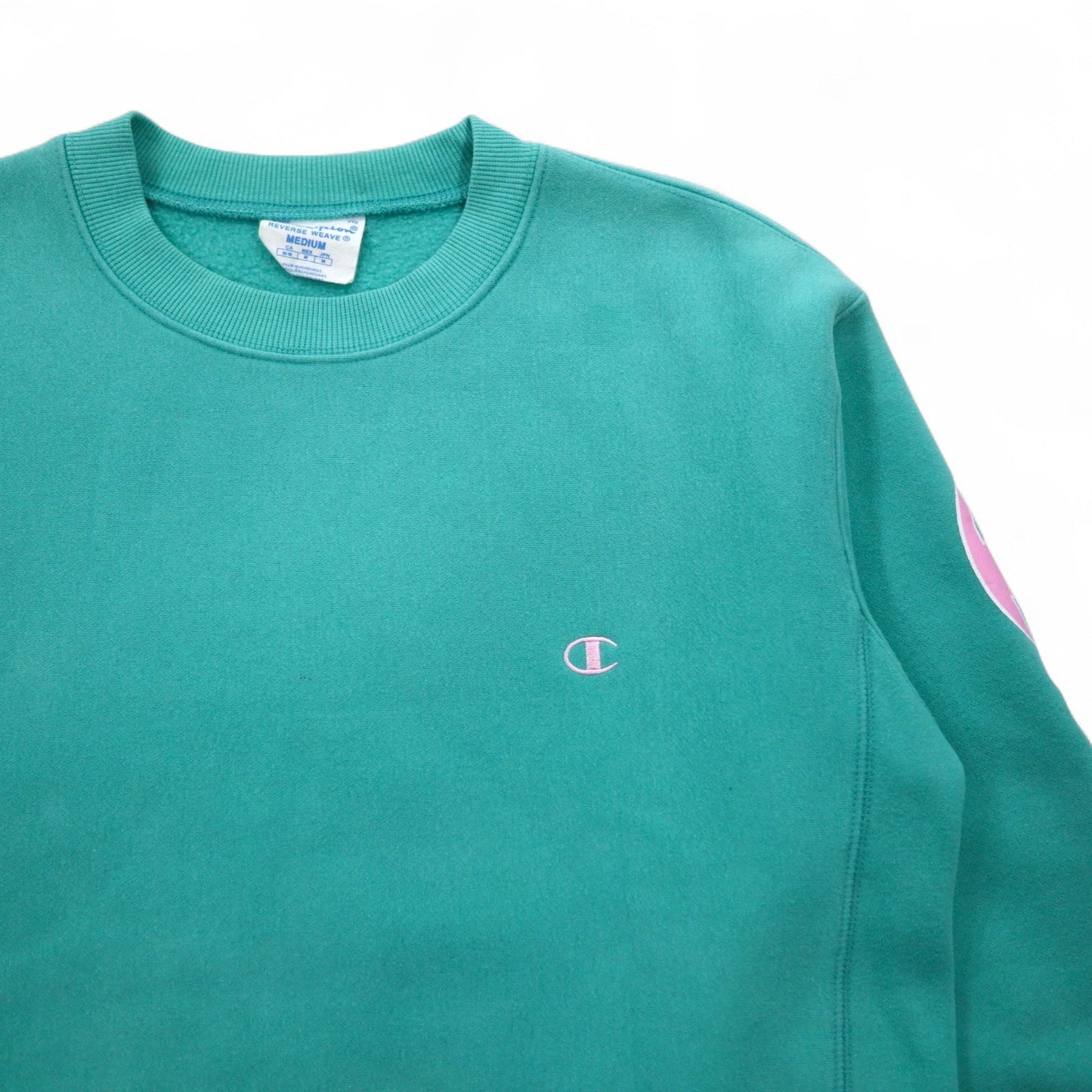Champion リバースウィーブ REVERSE WEAVE スウェット M グリーン 裏起毛 青単タグ 復刻 袖プリント ホンジュラス製