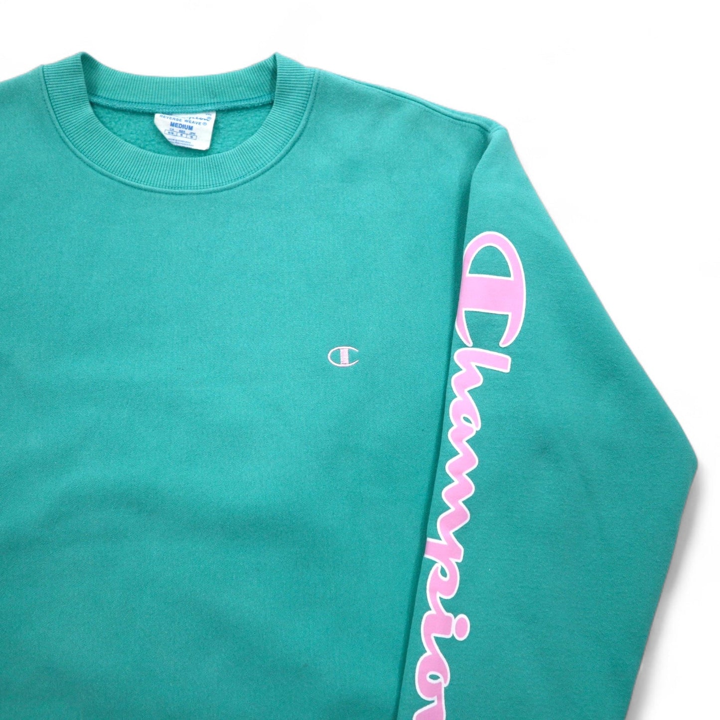 Champion リバースウィーブ REVERSE WEAVE スウェット M グリーン 裏起毛 青単タグ 復刻 袖プリント ホンジュラス製