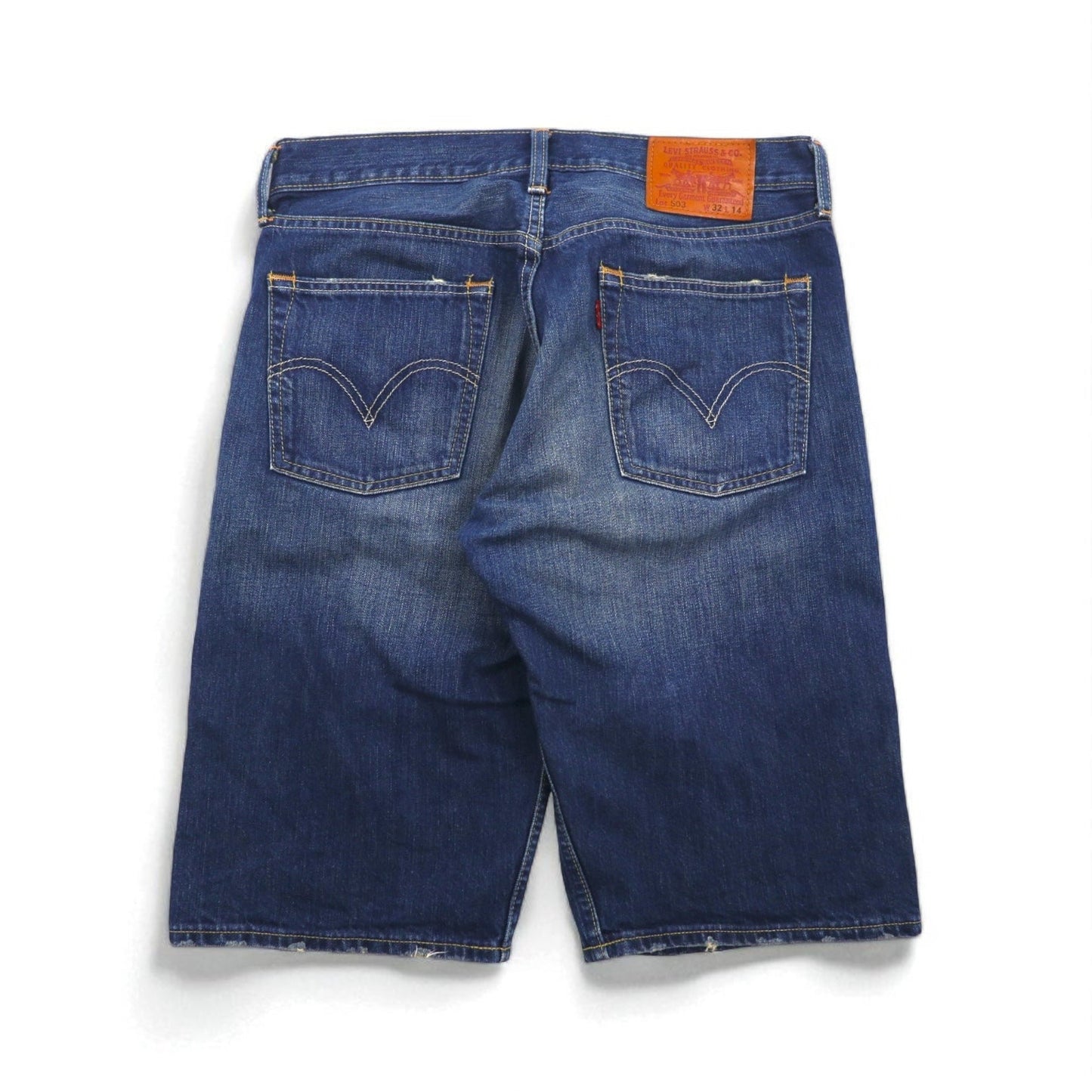 Levi's 503 ショート デニムパンツ ハーフパンツ ジーンズ L インディゴ ダメージ加工 レザーパッチ SP503-0019