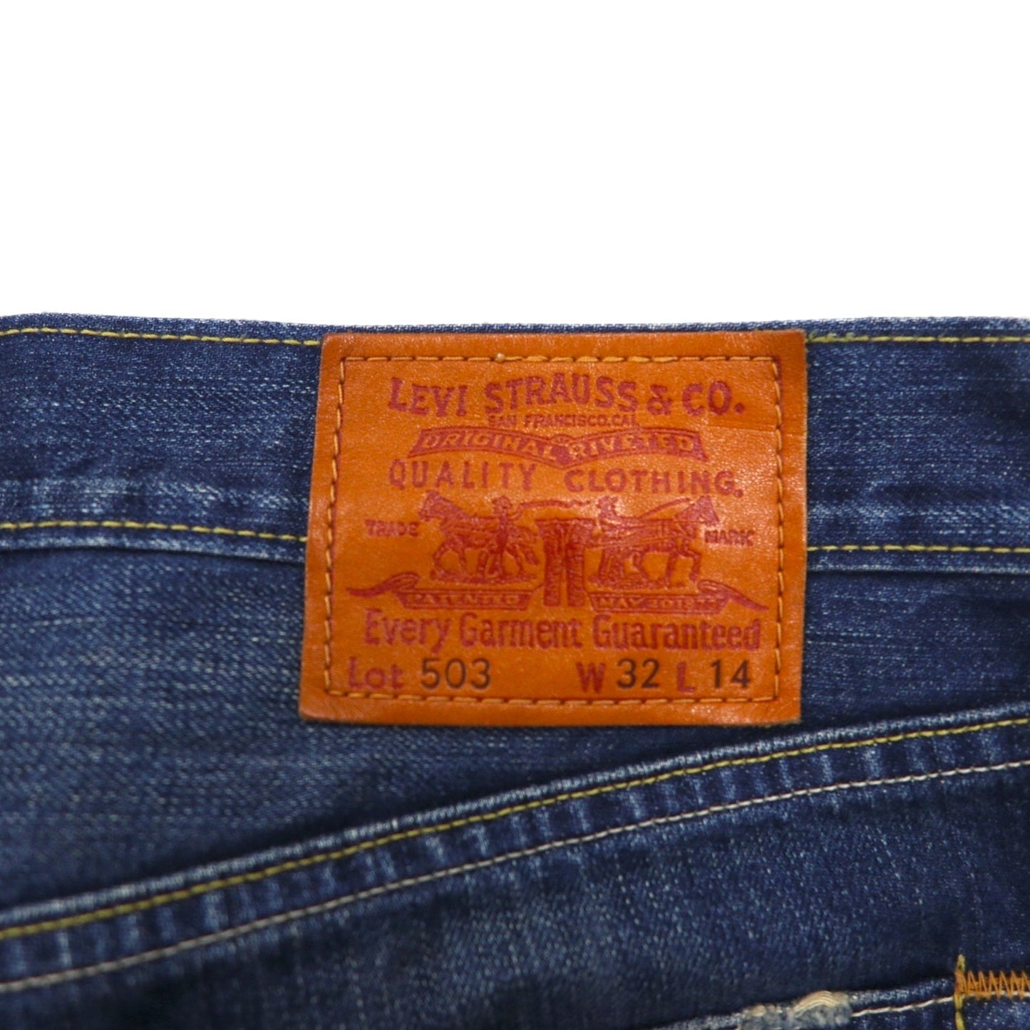 Levi's 503 ショート デニムパンツ ハーフパンツ ジーンズ L インディゴ ダメージ加工 レザーパッチ SP503-0019