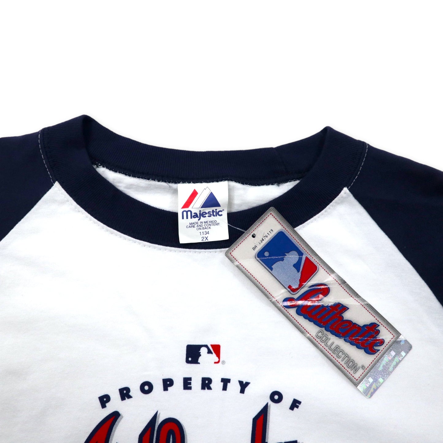 majestic 00年代 MLB AUTHENTIC COLLECTION ベースボール ラグランTシャツ 2X ホワイト ネイビー コットン Atlanta ビッグサイズ メキシコ製 未使用品