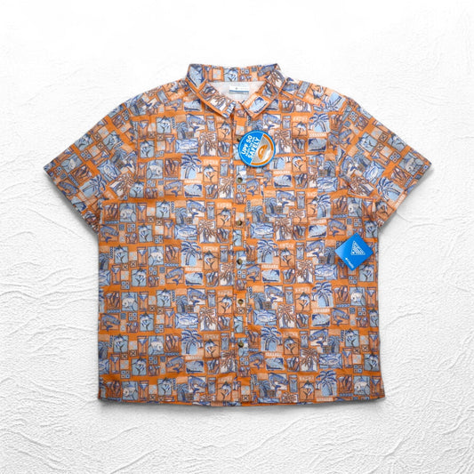 Columbia PFG UVカット アロハシャツ 半袖 ボタンダウンシャツ XL オレンジ 総柄 OMNI-SHADE メッシュライナー 未使用品