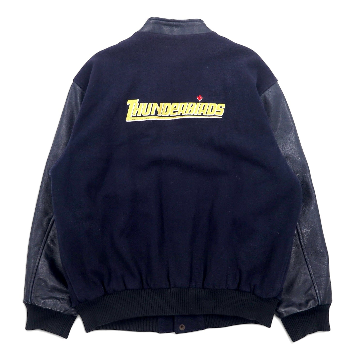 カナダ製 90年代 CANADA SPORTSWEAR 袖レザー スタジャン XL ネイビー レザー ウール CANADIAN THUNDERBIRDS 刺繍