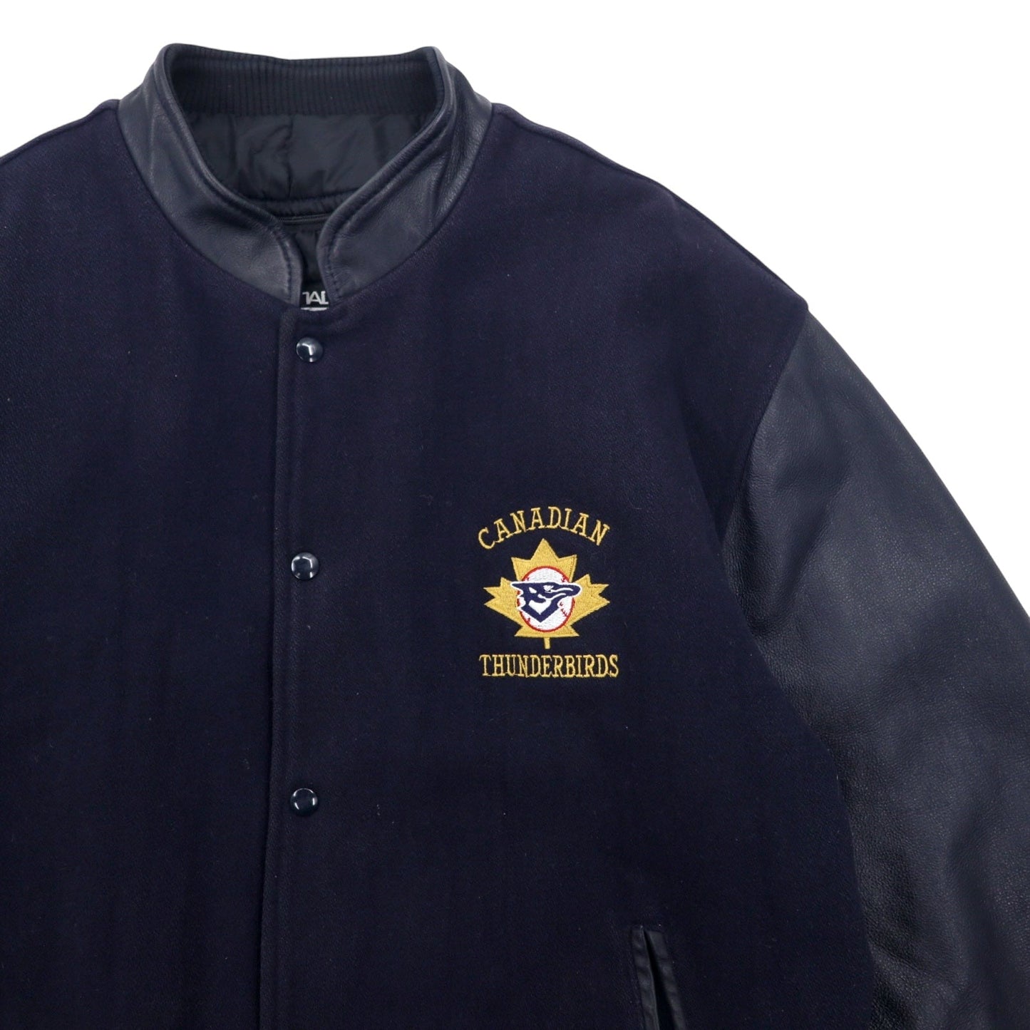 カナダ製 90年代 CANADA SPORTSWEAR 袖レザー スタジャン XL ネイビー レザー ウール CANADIAN THUNDERBIRDS 刺繍