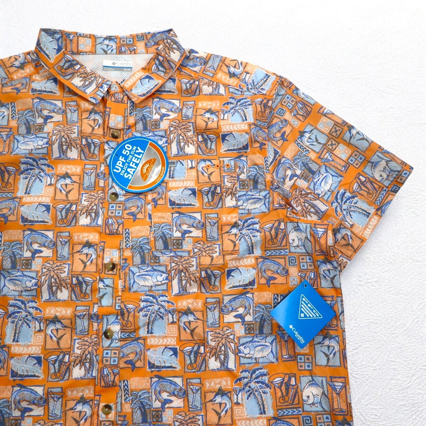 Columbia PFG UVカット アロハシャツ 半袖 ボタンダウンシャツ XL オレンジ 総柄 OMNI-SHADE メッシュライナー 未使用品