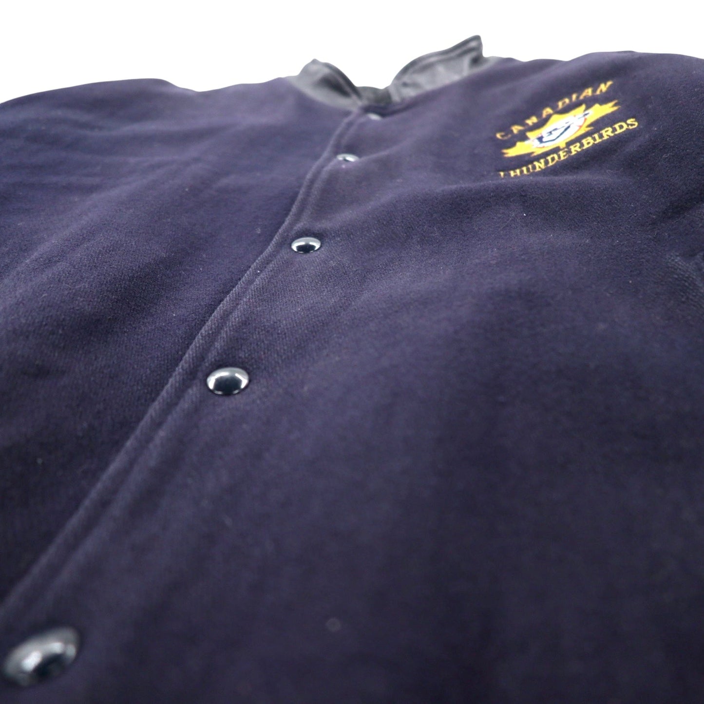 カナダ製 90年代 CANADA SPORTSWEAR 袖レザー スタジャン XL ネイビー レザー ウール CANADIAN THUNDERBIRDS 刺繍