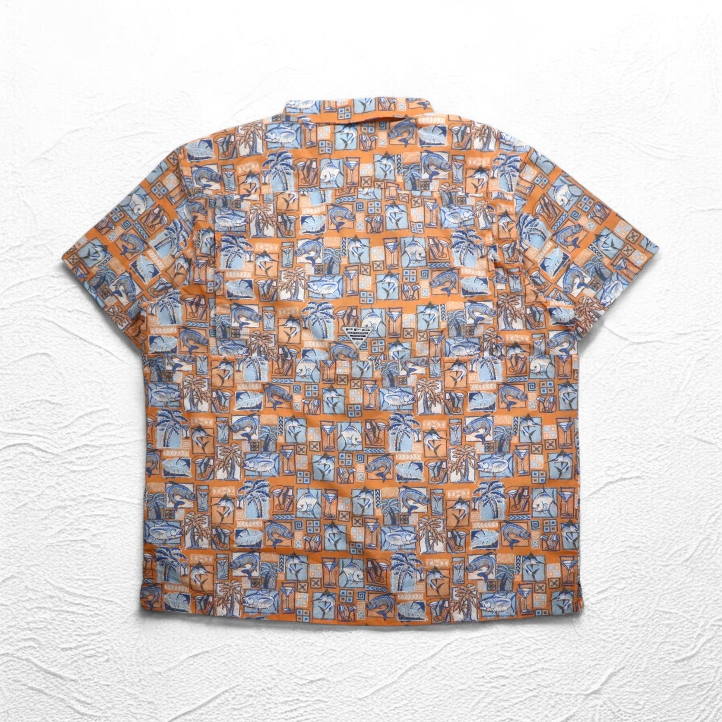 Columbia PFG UVカット アロハシャツ 半袖 ボタンダウンシャツ XL オレンジ 総柄 OMNI-SHADE メッシュライナー 未使用品