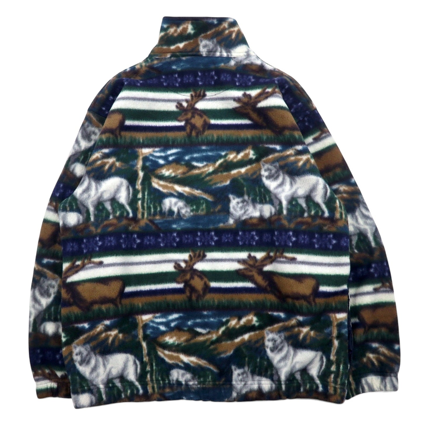 90年代 Daniel David ハーフジップ フリースジャケット XXL グリーン 総柄 アニマル 鹿 オオカミ MOUNTAIN FLEECE