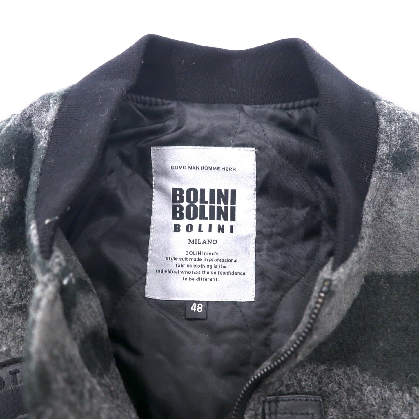 BOLINI BOLINI 袖レザー スタジャン 48 グレー ブラック カモフラ柄 メルトン ウール ゴートレザー 山羊革 虎 バック刺繍