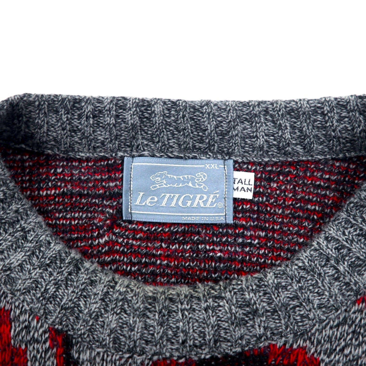 USA製 90年代 Le TIGRE 総柄 アクリルニット セーター XXL グレー レッド