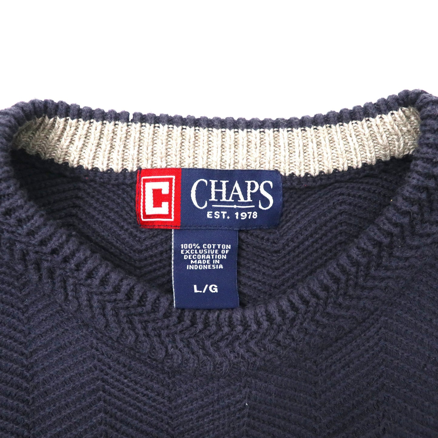 CHAPS ビッグサイズ ヘリンボーンニット セーター L ネイビー コットン ワンポイントロゴ刺繍 90年代