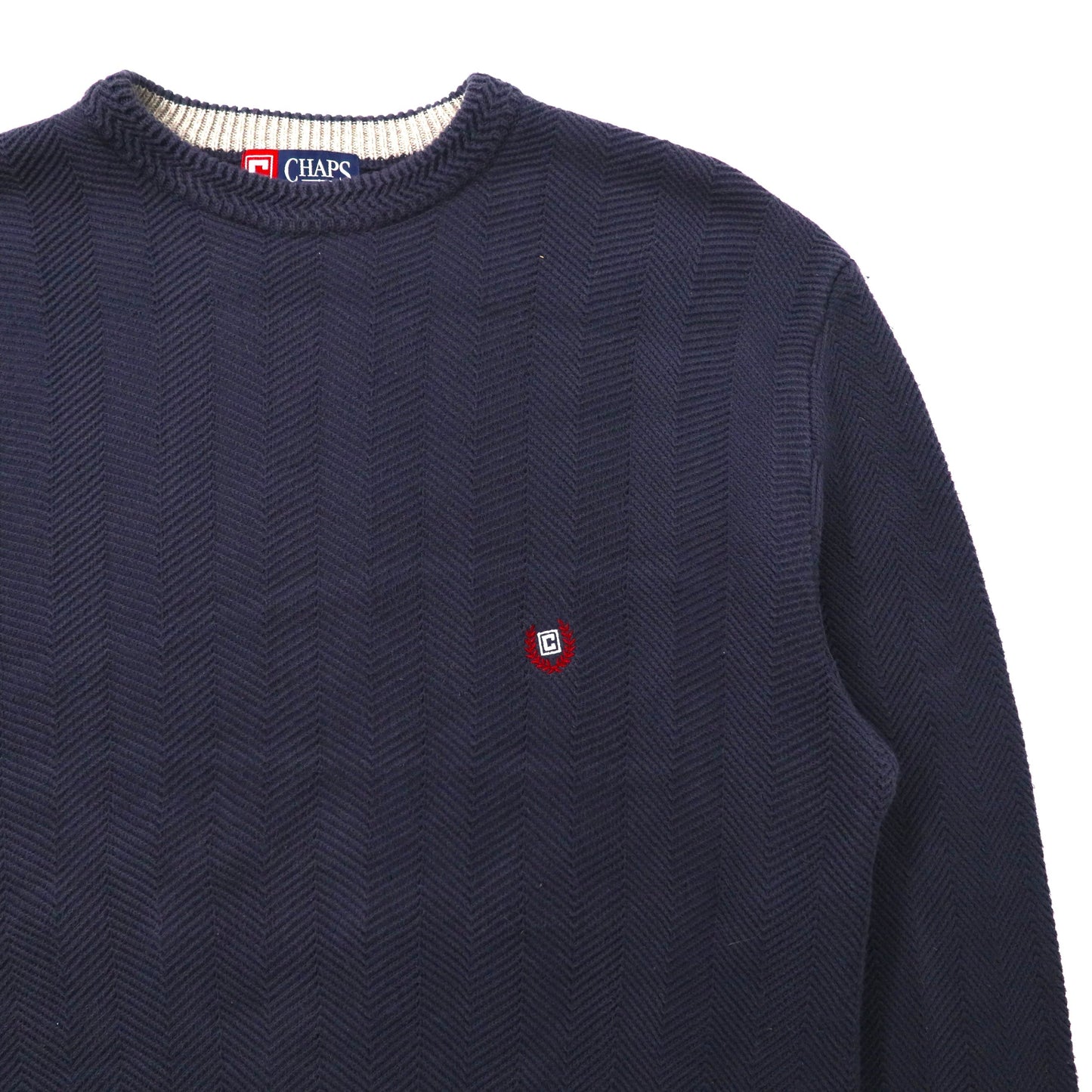 CHAPS ビッグサイズ ヘリンボーンニット セーター L ネイビー コットン ワンポイントロゴ刺繍 90年代