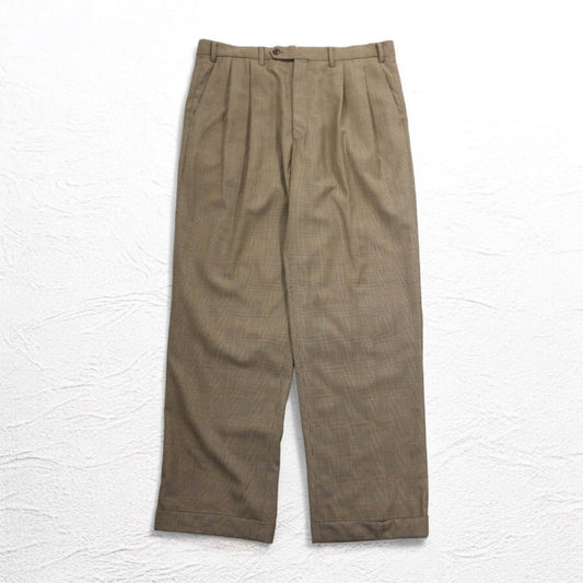 LAUREN RALPH LAUREN 90年代 タック ワイド スラックスパンツ L ブラウン ガンクラブチェック ウール
