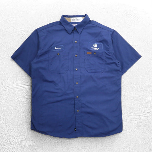 carhartt 半袖 ワークシャツ L ネイビー コットン 胸ポケット アメリカ企業 刺繍 TIMBER 384-19 メキシコ製
