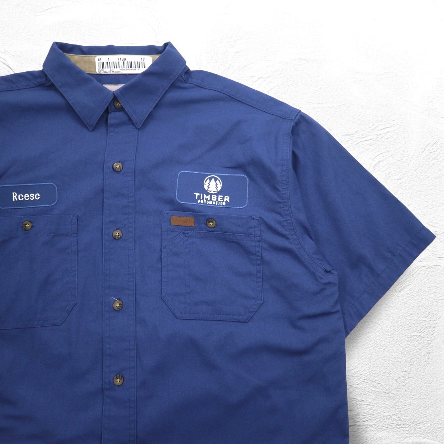 carhartt 半袖ワークシャツ L ネイビー コットン 胸ポケット アメリカ企業刺繍 TIMBER 384-19 メキシコ製