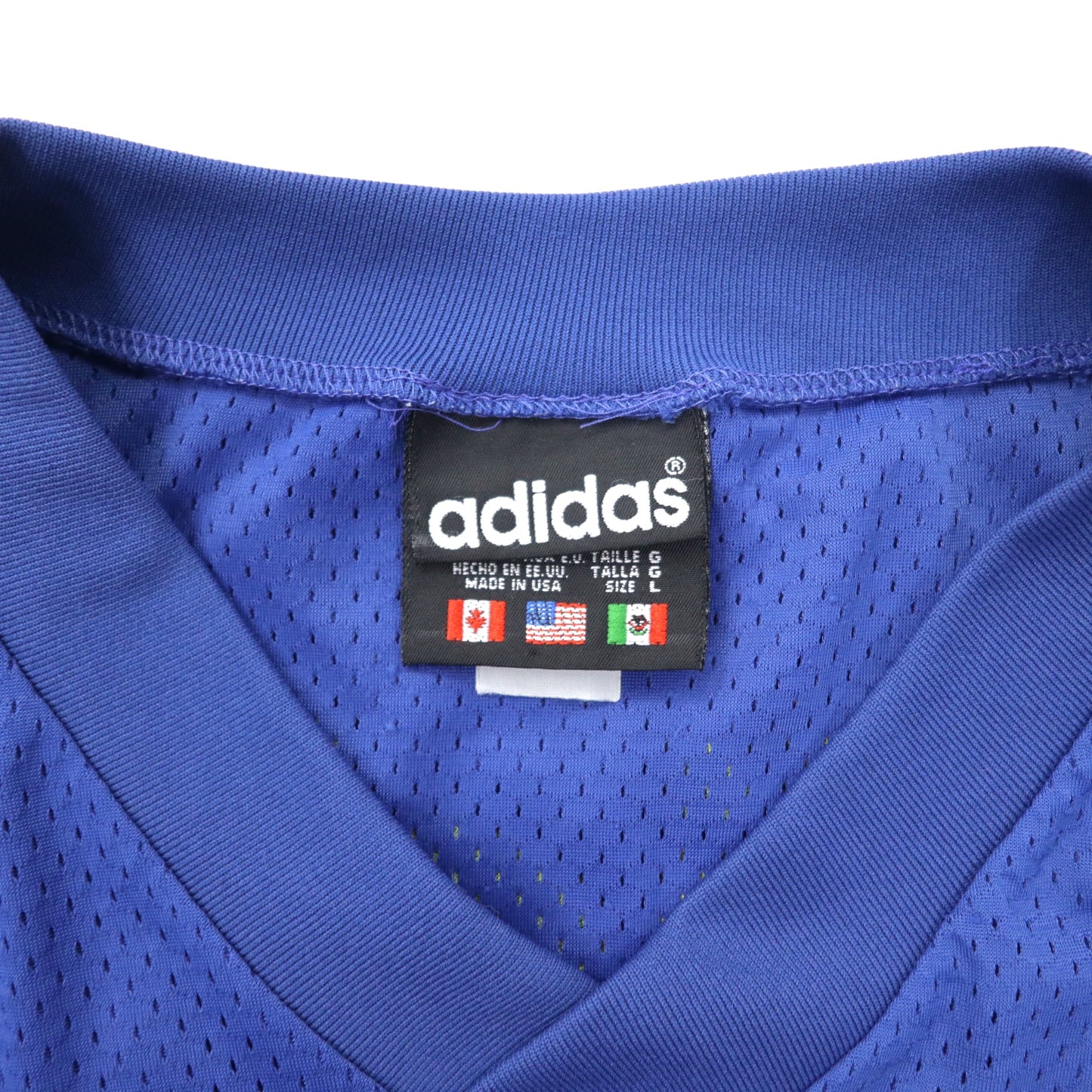 USA製 adidas ビッグサイズ メッシュ ゲームシャツ L ブルー ナイロン トレフォイルロゴ 国旗タグ 90年代