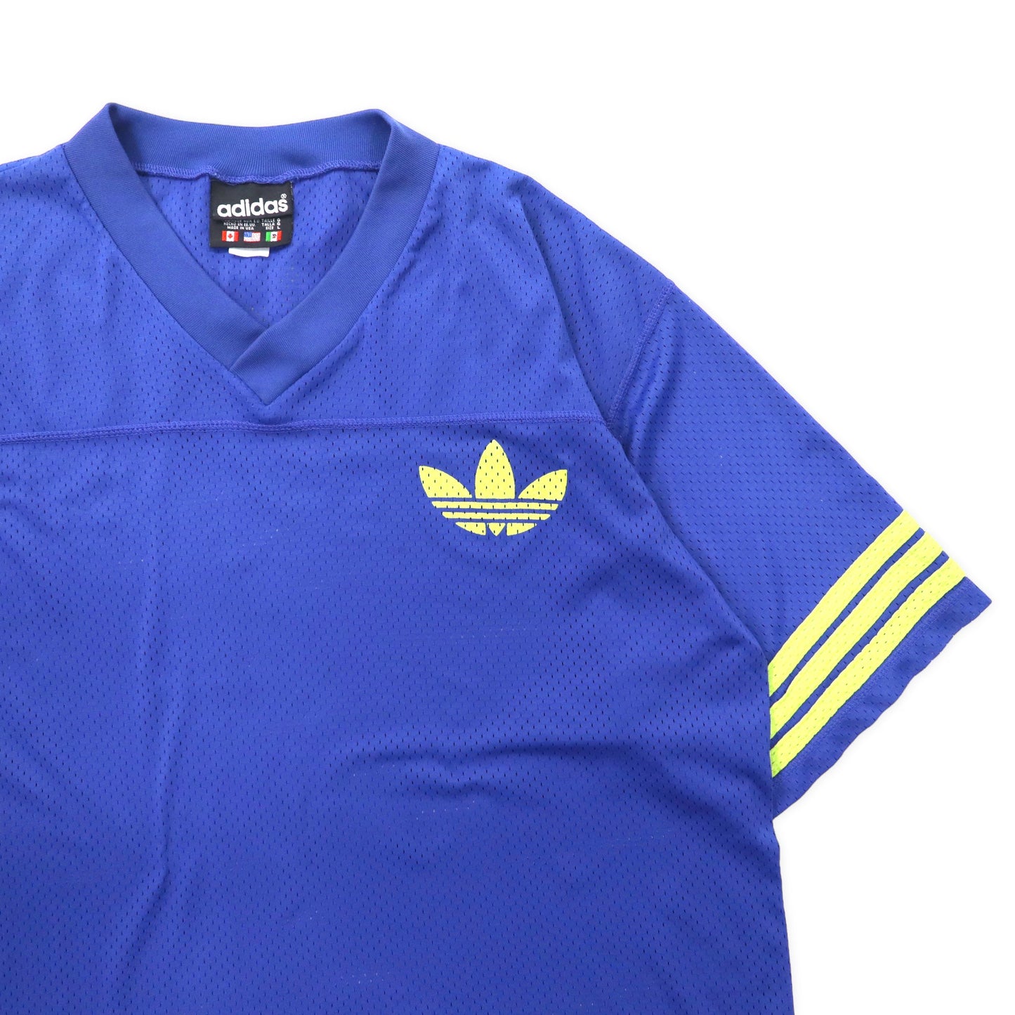 USA製 adidas ビッグサイズ メッシュ ゲームシャツ L ブルー ナイロン トレフォイルロゴ 国旗タグ 90年代