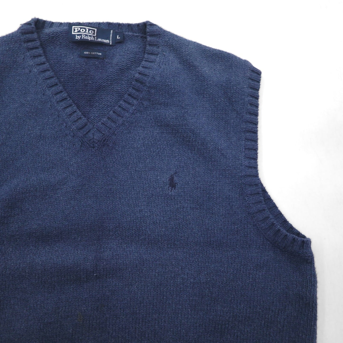 Polo by Ralph Lauren 90年代 Vネック コットンニット ベスト L ネイビー スモールポニー刺繍