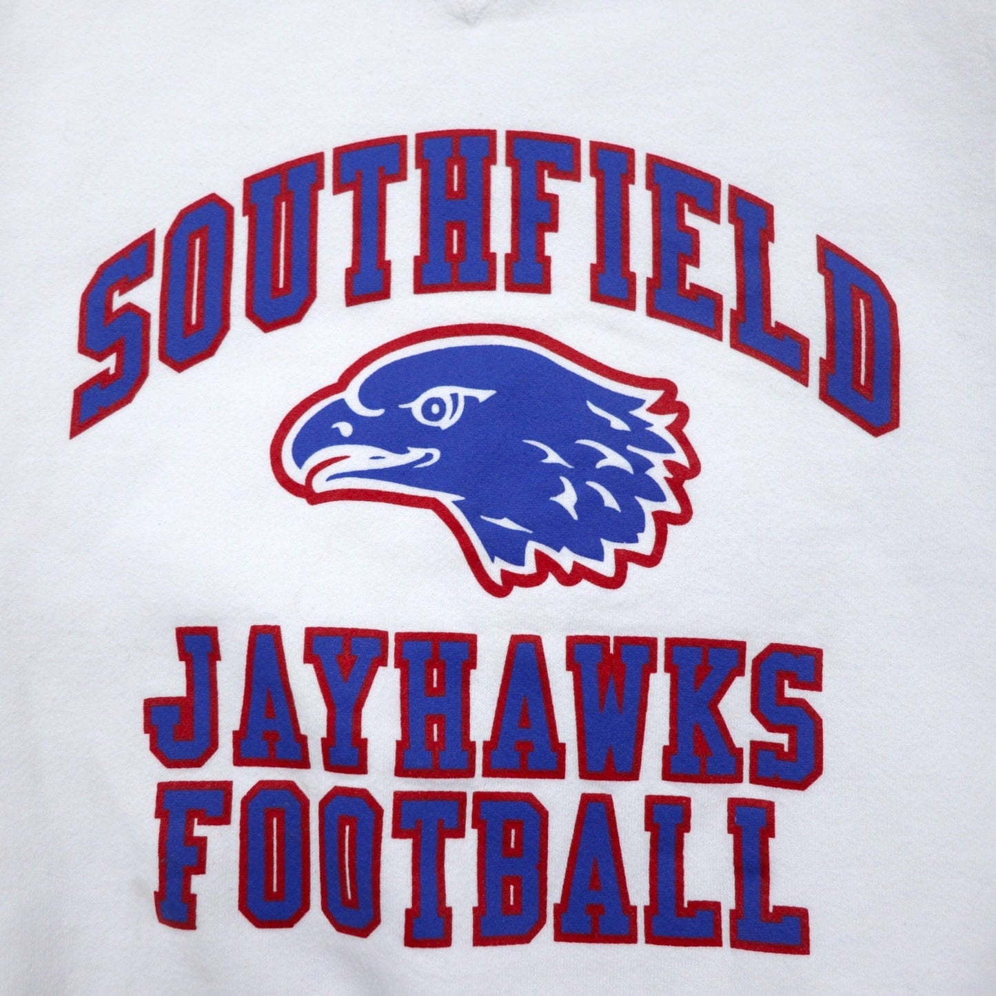 USA製 90年代 RUSSELL ATHLETIC フットボール プリント スウェット XXL ホワイト コットン 裏起毛 アーチロゴ SOUTHFIELD JAYHAWKS FOOTBALL